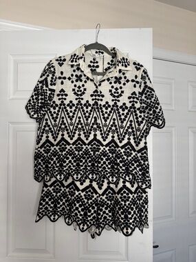 Zara Black and Cream Geometric Short Sleeve Shirt & Shorts Set